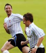 16 July 2009; Thomas McManus, Derry City, right, celebrates with team-mate Clive Delaney after scoring his side's first goal. Europa League 2nd Qualifying Round 1st leg, Skonto Riga v Derry City, Riga, Latvia. Picture credit: Valda Kalnina / SPORTSFILE