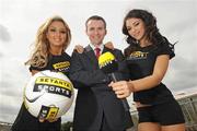 15 July 2009; Models Georgia Salpa, left, and Nadia Forde join Setanta soccer commentator Des Curran to celebrate Setanta Sports Ireland’s Barclays Premier League rights win. The Irish Sports Broadcaster was today, July 15th, awarded the rights to show exclusively live coverage of all the Saturday 3pm games for the 2009/2010 Premier League season in the Republic of Ireland. Sean O'Casey Bridge, Custom House Quay, Dublin. Picture credit: Brian Lawless / SPORTSFILE