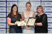 1 June 2016; Sinead McTiernan, Sligo, centre, receives her Division 2 Lidl Ladies Team of the League Award from Aoife Clarke, head of communications, Lidl Ireland, left, and Marie Hickey, President of Ladies Gaelic Football, right, at the Lidl Ladies Teams of the League Award Night. The Lidl Teams of the League were presented at Croke Park with 60 players recognised for their performances throughout the 2016 Lidl National Football League Campaign. The 4 teams were selected by opposition managers who selected the best players in their position with the players receiving the most votes being selected in their position. Croke Park, Dublin. Photo by Cody Glenn/Sportsfile
