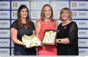 1 June 2016; Louise Henchy, Clare, centre, receives her Division 2 Lidl Ladies Team of the League Award from Aoife Clarke, head of communications, Lidl Ireland, left, and Marie Hickey, President of Ladies Gaelic Football, right, at the Lidl Ladies Teams of the League Award Night. The Lidl Teams of the League were presented at Croke Park with 60 players recognised for their performances throughout the 2016 Lidl National Football League Campaign. The 4 teams were selected by opposition managers who selected the best players in their position with the players receiving the most votes being selected in their position. Croke Park, Dublin. Photo by Cody Glenn/Sportsfile