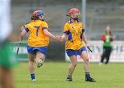 18 July 2009; Deirdre Murphy, Clare, is congratulated by team-mate Chloe Morey, 7, after scoring the winning point from a free. Gala Senior Camogie Championship, Group 2, Round 3, Clare v Limerick, Cusack Park, Ennis, Co. Clare. Picture credit: Diarmuid Greene / SPORTSFILE