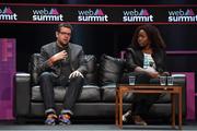 5 November 2015; Karl Martin, left, Founder & CTO, Nymi, with Mary Spio, Founder, Next Galaxy Corp, on the Healthtech Stage during Day 3 of the 2015 Web Summit in the RDS, Dublin, Ireland. Picture credit: Brendan Moran / SPORTSFILE / Web Summit