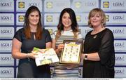 1 June 2016; JoAnne Moore, Cavan, centre, receives her Division 2 Lidl Ladies Team of the League Award from Aoife Clarke, head of communications, Lidl Ireland, left, and Marie Hickey, President of Ladies Gaelic Football, right, at the Lidl Ladies Teams of the League Award Night. The Lidl Teams of the League were presented at Croke Park with 60 players recognised for their performances throughout the 2016 Lidl National Football League Campaign. The 4 teams were selected by opposition managers who selected the best players in their position with the players receiving the most votes being selected in their position. Croke Park, Dublin. Photo by Cody Glenn/Sportsfile