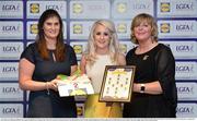 1 June 2016; Tresa Doherty, Donegal, centre, receives her Division 2 Lidl Ladies Team of the League Award from Aoife Clarke, head of communications, Lidl Ireland, left, and Marie Hickey, President of Ladies Gaelic Football, right, at the Lidl Ladies Teams of the League Award Night. The Lidl Teams of the League were presented at Croke Park with 60 players recognised for their performances throughout the 2016 Lidl National Football League Campaign. The 4 teams were selected by opposition managers who selected the best players in their position with the players receiving the most votes being selected in their position. Croke Park, Dublin. Photo by Cody Glenn/Sportsfile