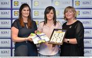 1 June 2016; Catríona Murray, Wexford, centre, receives her Division 3 Lidl Ladies Team of the League Award from Aoife Clarke, head of communications, Lidl Ireland, left, and Marie Hickey, President of Ladies Gaelic Football, right, at the Lidl Ladies Teams of the League Award Night. The Lidl Teams of the League were presented at Croke Park with 60 players recognised for their performances throughout the 2016 Lidl National Football League Campaign. The 4 teams were selected by opposition managers who selected the best players in their position with the players receiving the most votes being selected in their position. Croke Park, Dublin. Photo by Cody Glenn/Sportsfile