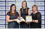 1 June 2016; Áine Tighe, Leitrim, centre, receives her Division 3 Lidl Ladies Team of the League Award from Aoife Clarke, head of communications, Lidl Ireland, left, and Marie Hickey, President of Ladies Gaelic Football, right, at the Lidl Ladies Teams of the League Award Night. The Lidl Teams of the League were presented at Croke Park with 60 players recognised for their performances throughout the 2016 Lidl National Football League Campaign. The 4 teams were selected by opposition managers who selected the best players in their position with the players receiving the most votes being selected in their position. Croke Park, Dublin. Photo by Cody Glenn/Sportsfile