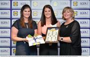 1 June 2016; Mairead Morrissey, Tipperary, centre, receives her Division 3 Lidl Ladies Team of the League Award from Aoife Clarke, head of communications, Lidl Ireland, left, and Marie Hickey, President of Ladies Gaelic Football, right, at the Lidl Ladies Teams of the League Award Night. The Lidl Teams of the League were presented at Croke Park with 60 players recognised for their performances throughout the 2016 Lidl National Football League Campaign. The 4 teams were selected by opposition managers who selected the best players in their position with the players receiving the most votes being selected in their position. Croke Park, Dublin. Photo by Cody Glenn/Sportsfile