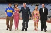 20 July 2009; Ask not what your county can do for you...! GAA stars Barry Cahill, right, Dublin football, Aimee Bennett, second from right, Meath football, and Caroline Conway, second from left, Roscommon football, were joined by Michael Lyster, of 'The Sunday Game', centre, and Paul Collins, of Today FM, left, at a photocall ahead of the 'Support Your County Ball in aid of Temple Street Children's Hospital' which is sponsored by BAM Contractors and Mercury Engineering. The ball will take place in Croke Park on September 18th. Croke Park, Dublin. Picture credit: Pat Murphy / SPORTSFILE