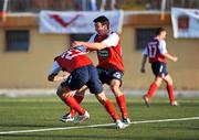 23 July 2009; Declan O'Brien, left, St Patrick's Athletic, is congratulated by team-mate Enda Stevens after scoring the only goal of the game. Europa League 2nd Qualifying Round 2nd leg, Valetta v St Patrick's Athletic, Centenary Stadium, Ta'Qali, Malta. Picture credit: John Barrington / SPORTSFILE