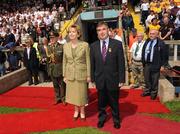 19 July 2009; President of Ireland Mary McAleese and Ulster Council GAA President Tom Daly stand during the playing of the Presidential Salute. GAA Football Ulster Senior Championship Final, Tyrone v Antrim, St Tighearnach's Park, Clones, Co. Monaghan. Picture credit: Oliver McVeigh / SPORTSFILE