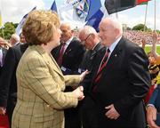 19 July 2009; President Mary McAleese along with Ulster GAA President Tom Daly meet Paddy Doherty before the GAA Football Ulster Senior Championship Final, Tyrone v Antrim, St Tighearnach's Park, Clones, Co. Monaghan. Picture credit: Oliver McVeigh / SPORTSFILE