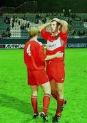 27 August 1998;  Derek Coughlan and Dave Hill of Cork City react at the final whistle following their sides deafeat in the UEFA Cup Winners' Cup Qualifying Round 2nd Leg match between CSKA Kyiv and Cork City at Dynamo Stadium in Kiev, Ukraine. Photo by Matt Browne/Sportsfile