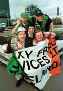 17 November 1998. Irish supporters back row from left, Mark Conroy, Christy Murphy and Frank Burton, alongside, front row from left, TJ Fay and James Costello in Belgrade. Photo by David Maher/Sportsfile