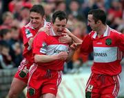 25 October 1998; John Caulfield of Cork City, centre, celebrates with team-mates Gerald Dobbs, left, and Ollie Cahill, after scoring his sides only goal during the Harp Lager League Cup Semi - Final match between Cork City and St Patrick's Athletic at Turners Cross in Cork. Photo by David Maher/Sportsfile