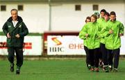 17 November 1998; Republic of Ireland manager Mick McCarthy puts his players, lead by Damien Duff and Mark Kinsella, through their paces during a Republic of Ireland Training Session at Radnitchi Stadium in Belgrade, Yugoslavia. Photo by David Maher/Sportsfile