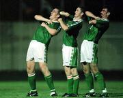 23 July 1998; Robbie Keane of Republic of Ireland, centre, celebrates after scoring his second goal with team-mates Richard Dunne, left, and Jason Gavin, right, during the UEFA European Under-18 Championship Group B match between Republic of Ireland and Cyprus at Municipal Stadium in Ayia Napa, Cyprus. Photo by David Maher/Sportsfile