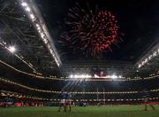 6 November 1999; French players leave the pitched as fireworks light up the sky following the Rugby World Cup Final match between Australia and France at the Millenium Stadium in Cardiff, Wales. Photo by Brendan Moran/Sportsfile