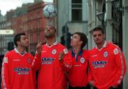 10 January 2000; In attendance at the launch of the Shelbourne v Sky One's Dream Team match, in aid of Childline, to be held on 28th January at Tolka Park, and sponsored by Boru Rocks, are from left, Phill Barantini, Paul McGrath, Ken Doherty and Keith Duffy, at the Gresham Hotel in Dublin. Photo by David Maher/Sportsfile