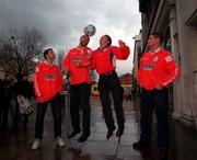 10 January 2000; In attendance at the launch of the Shelbourne v Sky One's Dream Team match, in aid of Childline, to be held on 28th January at Tolka Park, and sponsored by Boru Rocks, are from left, Phill Barantini, Paul McGrath, Ken Doherty and Keith Duffy, at the Gresham Hotel in Dublin. Photo by David Maher/Sportsfile