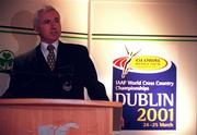 10 January 2000; Dr Tim McDaid, TD, Minister for Sport, Tourism and Recreation, speaking during the launch of the IAAF World Cross Country Championships which will be held at Leopardstown Racecourse in Dublin. Photo By Brendan Moran/Sportsfile