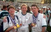 4 July 1999; Catriona Ryan, left, Patricia Lee, Connacht Regional Director, Special Olympics and Martin McGarigle, Ballinera, Donegal at the closing ceremony of the 1999 Special Olympics World Summer Games in Raleigh, North Carolina, USA. Photo by Ray McManus/Sportsfile
