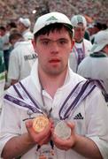 4 July 1999; Special Olympian Patrick Keaney from Athlone, Co Westmeath who won Gold and Silver medals in Athletics, pictured at the Closing Ceremony of the 1999 Special Olympics World Summer Games in Raleigh, North Carolina, USA. Photo by Ray McManus/Sportsfile