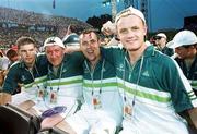 26 June 1999; Member of the Irish soccer team, from left, Colm Brennan from Waterford, Patrick Williams from Limerick, Michael Hehir, and Conor Hegarty from Cork, pictured during the Opening Ceremony of the1999 Special Olympics World Summer Games in Raleigh, North Carolina, USA. Photo by Ray McManus/Sportsfile