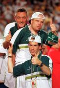 26 June 1999; Soccer coach, John Hennessy with team members Tommy Heffernan, centre and David O'Sullivan, from Limerick, pictured during the Opening Ceremony of the 1999 Special Olympics World Summer Games in Raleigh, North Carolina, USA. Photo by Ray McManus/Sportsfile