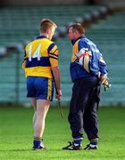 19 November 2000; Sixmilebridge manager Paddy Meehan, right, speaks with Niall Gilligan ahead of the AIB Munster Senior Hurling Club Championship Semi-Final match between Patrickswell and Sixmilebridge at the Gaelic Grounds in Limerick. Photo by Damien Eagers/Sportsfile