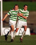 14 January 2001; Shane Robinson of Shamrock Rovers, left, celebrates with team-mate Dara Kavangh after scoring his sides first goal during the Eircom League Premier Division match between Shamrock Rovers and UCD at Morton Stadium in Santry, Dublin. Photo by Ray Lohan/Sportsfile
