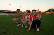 3 December 2000; Derry City supporters, from left,  Diarmuid Harrigan, Kevin McBride, and Georgie Doherty in Tolka Park after the Eircom League Premier Division match between Shelbourne and Derry City was postponed due to ground frost, at Tolka Park in Dublin. Photo by Damien Eagers/Sportsfile