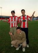 3 December 2000; Derry City supporters, from left, Kevin McBride, Diarmuid Harrigan, and Georgie Doherty in Tolka Park after the Eircom League Premier Division match between Shelbourne and Derry City was postponed due to ground frost, at Tolka Park in Dublin. Photo by Damien Eagers/Sportsfile