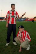 3 December 2000; Derry City supporters Kevin McBride, left, ad Georgie Doherty in Tolka Park after the Eircom League Premier Division match between Shelbourne and Derry City was postponed due to ground frost, at Tolka Park in Dublin. Photo by Damien Eagers/Sportsfile