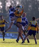 14 January 2001; Eamon Delaney of Laois contests a high ball with Liam Kiernan of Longford during the O'Byrne Cup First Round match between Longford and Laois at Pearse Park in Longford. Photo by Aoife Rice/Sportsfile