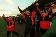 14 January 2001; Longford Town manager Stephen Kenny, centre, celebrates with backroom staff following the Eircom League Cup Second Round Replay match between Cork City and Longford Town at Turners Cross in Cork. Photo by David Maher/Sportsfile