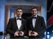 6 November 2015; Kildare players Gerry Keegan, left, and Bernard Deay with their Christy Ring Champions 15 Awards at the GAA GPA All-Star Awards 2015 Sponsored by Opel. Convention Centre, Dublin. Picture credit: Piaras Ó Mídheach / SPORTSFILE