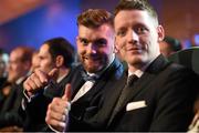 6 November 2015; Mayo footballer Aidan O'Shea, left, and Monaghan footballer Conor McManus in attendance at the GAA GPA All-Star Awards 2015 Sponsored by Opel. Convention Centre, Dublin. Picture credit: Brendan Moran / SPORTSFILE