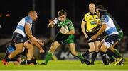 6 November 2015; AJ MacGinty, Connacht, is tackled by Marco Barbini and Edoardo Gori, Benetton Treviso. Guinness PRO12, Round 7, Connacht v Benetton Treviso. Sportsground, Galway. Picture credit: Seb Daly / SPORTSFILE