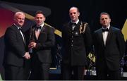 6 November 2015; Philly McMahon, Dublin, receives his GAA GPA All-Star Award from Uachtarán Chumann Lúthchleas Gael Aogán Ó Fearghail, in the company of Dermot Earley, 2nd from right, GPA President, and Dave Sheeran, right, Managing Director, Opel Ireland, at the GAA GPA All-Star Awards 2015 Sponsored by Opel. Convention Centre, Dublin. Picture credit: Brendan Moran / SPORTSFILE