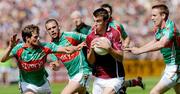 19 July 2009; Paul Conroy, Galway, in action against Peadar Gardiner, Trevor Mortimer and David Heaney, Mayo. GAA Football Connacht Senior Championship Final, Galway v Mayo, Pearse Stadium, Salthill, Galway. Picture credit: Ray Ryan / SPORTSFILE