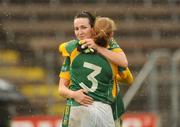 26 July 2009; Meath's Louise McKeever, 3, and Katie O'Brien celebrate at the final whistle. TG4 All-Ireland Ladies Football Senior Championship Qualifier, Round 1, Armagh v Meath, Kingspan Breffni Park, Cavan. Picture credit: Pat Murphy / SPORTSFILE
