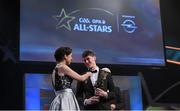 6 November 2015; Tadhg de Búrca, Waterford, is interviewed by MC Joanne Cantwell after receiving his Young Player of the Year in hurling at the GAA GPA All-Star Awards 2015 Sponsored by Opel. Convention Centre, Dublin. Picture credit: Brendan Moran / SPORTSFILE