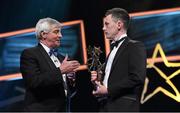 6 November 2015; Diarmuid O'Connor, Mayo, is interviewed by MC Michael Lyster after receiving his Young Player of the Year in football at the GAA GPA All-Star Awards 2015 Sponsored by Opel. Convention Centre, Dublin. Picture credit: Brendan Moran / SPORTSFILE