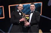 6 November 2015; Mayo's Diarmuid O'Connor is presented with GAA GPA Young Player of the Year award by Dermot Earley, left, President, GPA, at the GAA GPA All-Star Awards 2015 Sponsored by Opel. Convention Centre, Dublin. Picture credit: Brendan Moran / SPORTSFILE