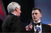 6 November 2015; Diarmuid O'Connor, Mayo, is interviewed by MC Michael Lyster after receiving his Young Player of the Year in football at the GAA GPA All-Star Awards 2015 Sponsored by Opel. Convention Centre, Dublin. Picture credit: Brendan Moran / SPORTSFILE