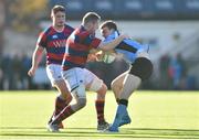 7 November 2015; Adam Leavy, Galwegians, is tackled by Michael Noone, Clontarf. Clontarf Rugby Club, Castle Avenue, Clontarf, Dublin 3. Picture credit: Ramsey Cardy / SPORTSFILE