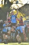 7 November 2015; Players from both teams contest a high ball. Clontarf Rugby Club, Castle Avenue, Clontarf, Dublin 3. Picture credit: Ramsey Cardy / SPORTSFILE