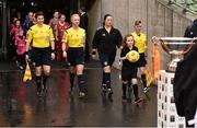 8 November 2015; Ball-carrier Ella Lambert, age 7 from Wexford town, with the match ball with  referee Paula Brady with her assistatants, Michelle O'Neill, Natasha Valentini and Deirdre Nolan at the Continental Tyres FAI Women's Senior Cup Final between Wexford Youths WAFC and Shelbourne Ladies FC. Aviva Stadium, Lansdowne Road, Dublin. Picture credit: David Maher / SPORTSFILE