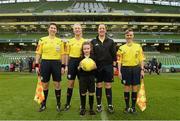 8 November 2015; Ball-carrier Ella Lambert, age 7, from Wexford town, presents the match ball to referee Paula Brady with her assistatants, Michelle O'Neill, Natasha Valentini and Deirdre Nolan at the Continental Tyres FAI Women's Senior Cup Final between Wexford Youths WAFC and Shelbourne Ladies FC. Aviva Stadium, Lansdowne Road, Dublin. Picture credit: David Maher / SPORTSFILE