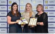 1 June 2016; Maria Delahunty, Waterford, centre, receives her Division 3 Lidl Ladies Team of the League Award from Aoife Clarke, head of communications, Lidl Ireland, left, and Marie Hickey, President of Ladies Gaelic Football, right, at the Lidl Ladies Teams of the League Award Night. The Lidl Teams of the League were presented at Croke Park with 60 players recognised for their performances throughout the 2016 Lidl National Football League Campaign. The 4 teams were selected by opposition managers who selected the best players in their position with the players receiving the most votes being selected in their position. Croke Park, Dublin. Photo by Cody Glenn/Sportsfile
